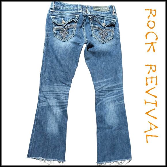 ROCK REVIVAL Ele Blue Jeans Mid Faded Wash Fleur Flap Pockets Raw Hem Women 28 - Picture 1 of 7